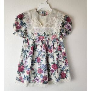 Vintage Girls Size 6 Floral Dress Lace Collar Bib Hem